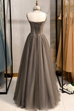 Grey Tulle Long Banquet Party Dress Sweetheart A Line Custom Size Prom Dress HZ1023
