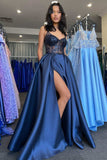 Pretty A Line Spaghetti Strap Sequin Navy Blue Satin Long Party Dress Wedding Guest Dress with Slit HZ1023