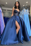 Pretty A Line Spaghetti Strap Sequin Navy Blue Satin Long Party Dress Wedding Guest Dress with Slit HZ1023