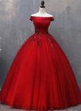 Red Tulle Long Off the Shoulder Sweet 16 Dress, Red Party Gown HZ1023