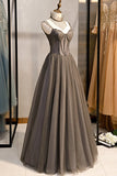Grey Tulle Long Banquet Party Dress Sweetheart A Line Custom Size Prom Dress HZ1023