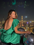 Charming Sheath Green Satin Open Back Long Prom Dress Evening Dress HZ1023