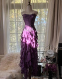Purple Sheath Strapless Appliques Tiered Chiffon Long Prom Dress Evening Dress HZ1023