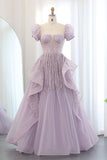 Lilac A Line Puff Sleeve Sequins Ruffle Tulle Prom Dress HZ1023