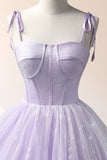 Purple A Line Straps Embroidered Tulle Floor Length Evening Dress Prom Dress HZ1023