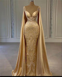 Gold Mermaid Prom Dresses With Wrap Beaded Lace Appliqued Evening Dress Party Second Reception Gowns Plus Size HZ1023
