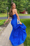 Mermaid Strapless Royal Blue Lace Satin Prom Dress with Slit HZ1023