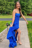 Mermaid Strapless Royal Blue Lace Satin Prom Dress with Slit HZ1023