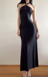 Elegant Simple Black Mermaid Halter Satin Evening Dress Party Dress Formal Dress HZ1023