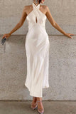 Simple Sheath Halter Light Champagne Satin Open Back Prom Dress Evening Dress HZ1023