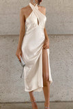 Simple Sheath Halter Light Champagne Satin Open Back Prom Dress Evening Dress HZ1023