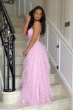 Coral A Line Sweetheart Neck Layered Tulle Long Wedding Guest Dress Evening Dress with Slit HZ1023