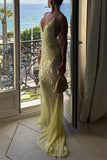 Sexy Sheath V Neck Light Yellow Sequin Chiffon Long Prom Evening Dress HZ1023