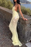 Sexy Sheath V Neck Light Yellow Sequin Chiffon Long Prom Evening Dress HZ1023