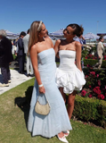 Elegant A Line Strapless Tiered Sky Blue Tulle Prom Dress Evening Dress HZ1023