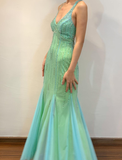 Green Mermaid Halter V Neck Beaded Chiffon Open Back Prom Dress Evening Dress HZ1023