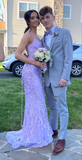 Purple Tulle Lace Appliques Mermaid Prom Dress Backless Long Evening Dress HZ1023
