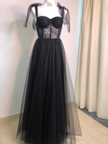Elegant Black Sweatheart Neck Slit Long Prom Dress Lace Tulle Evening Dress HZ1023