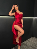 Charming Sheath Off the Shoulder Red Satin Prom Dress Evening Dress with Slit HZ1023