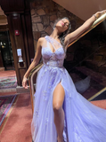 Dreamy A Line One Shoulder Corset Appliques Purple Tulle Prom Dress Evening Dress HZ1023