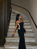 Elegant Mermaid Strapless Black Satin Long Prom Dress Evening Dress with Slit HZ1023