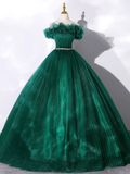 Green Tulle Off The Shoulder Folds Long A-Line Prom Dress HZ1023