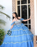 Blue Ball Gown Quinceanera Dresses Off the Shoulder Beaded Layered Tulle Sweet 16 Dress Party Gowns HZ1023