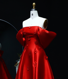 Elegant A Line Off the Shoulder 3D Flower Red Satin Prom Dress Evening Dress HZ1023