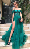 Green Off The Shoulder Tulle Applique Evening Dress Long Slit Prom Dress HZ1023