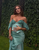 Mermaid Straps Two Piece Green Satin Chiffon Prom Dress Evening Dress HZ1023