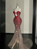 Mermaid Sweetheart Neck Red Ombre Sequin Tulle Long Prom Dress Graduation Prom Dress HZ1023