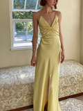Simple A Line Spaghetti Strap Yellow Satin Open Back Prom Dress Graduation Prom Dress HZ1023