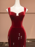 Burgundy Mermaid Straps Beaded Velvet Long Prom Dress Party Dress HZ1023