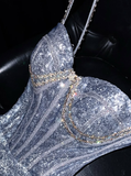 Shiny A Line Spaghetti Strap Rhinestone Silver Sequin Long Prom Dress Graduation Prom Dress HZ1023