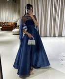 Navy Blue A Line Strapless Satin Prom Dress Evening Dress with Cap HZ1023