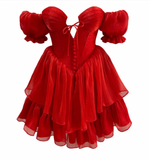 Charming Red A Line Puff Layered Chiffon Short Homecoming Dress Vacation Dress HZ1023