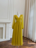 Yellow A Line Long Sleeve Emerald Prom Dress Wedding Guest Dress HZ1023