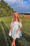 Off The Shoulder Pleated Tiered Tulle Party Dress,Pretty Homecoming Dress HZ1023