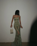 Charming A Line Strapless Green Satin Tulle Prom Dress Evening Dress HZ1023