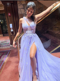 Dreamy A Line One Shoulder Corset Appliques Purple Tulle Prom Dress Evening Dress HZ1023