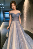 Blue Tulle Long Prom Dress, A-Line Spaghetti Strap Graduation Party Dress HZ1023