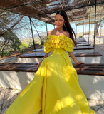 Charming A Line Off the Shoulder Yellow Satin Prom Dress Evening Dress HZ1023