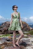 Green A Line V Neck Satin Open Back Short Homecoming Dress Vacation Dress Outfits HZ1023