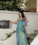 Vintage A Line Halter Blue Chiffon Satin Long Prom Dress Graduation Prom Dress HZ1023