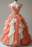 Cute A Line Straps Ruffle 3D Flower Tulle Long Prom Dress Evening Dress HZ1023
