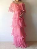Pink Layered Chiffon A Line V Neck Simple Long Party Dress Evening Dress 18 Birthday Dress HZ1023