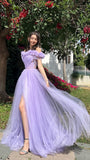 Lilac A-Line Flowy Tulle Evening Party Dresses Prom Dresses With Slit HZ1023