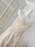 Cute A Line Spaghetti Strap Ruffle White Appliques Chiffon Party Dress Evening Dress HZ1023