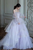 Gentle A Line Long Sleeve Sequin Tiered Purple Tulle Long Party Dress Evening Dress HZ1023