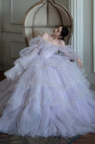 Gentle A Line Long Sleeve Sequin Tiered Purple Tulle Long Party Dress Evening Dress HZ1023